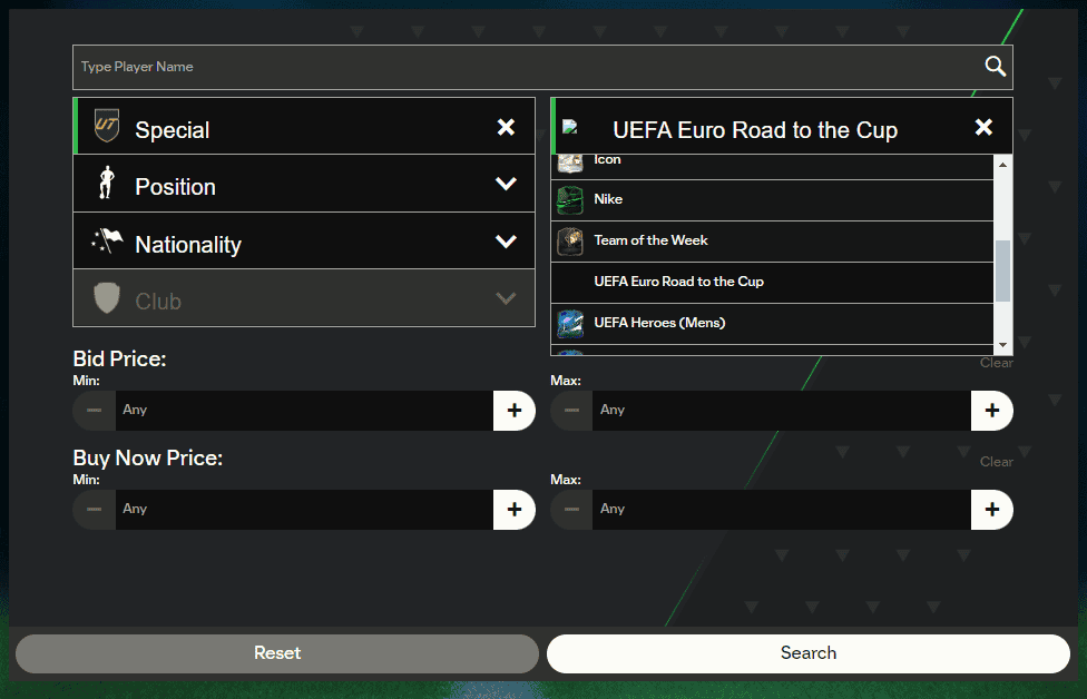 Buscador mercado de fichajes Web App EA Sports FC 24 Ultimate Team mostrando el ítem UEFA Euro Road to the Cup