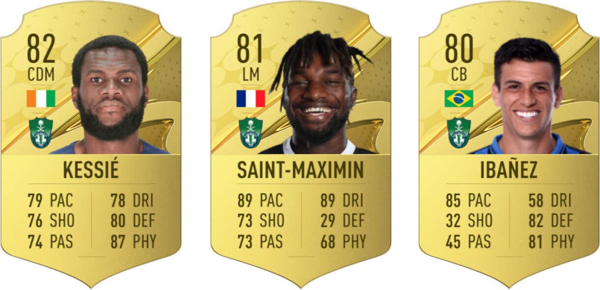 Cartas oro Kessié, Saint-Maximin e Ibañez con diseño de FIFA 23 Ultimate Team pero números filtrados de EA Sports FC 24