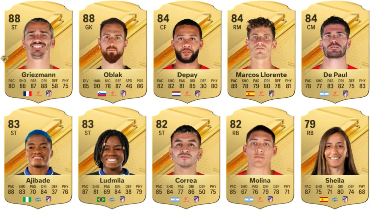 Cartas oro Oblak, Griezmann, Depay, Marcos Llorente, De Paul, Ajibade, Ludmila, Correa, Molina y Sheila (Atlético de Madrid) EA Sports FC 24 Ultimate Team