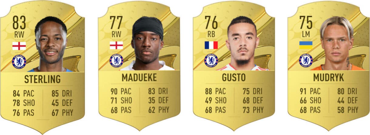 Cartas oro Sterling, Madueke, Gusto y Mudryk con diseño de FIFA 23 Ultimate Team pero números filtrados de EA Sports FC 24