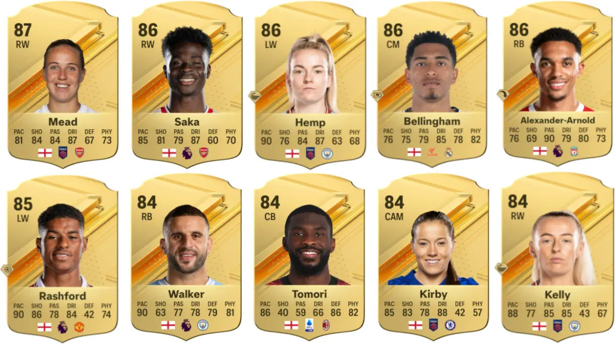 Cartas oro EA Sports FC 24 Ultimate Team Mead, Saka, Hemp, Bellingham, Alexander-Arnold, Rashford, Walker, Tomori, Kirby y Kelly