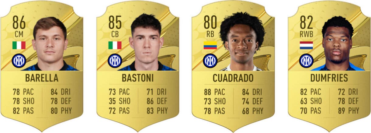 Cartas oro Barella, Bastoni, Cuadrado y Drumfries con diseño de FIFA 23 Ultimate Team pero números filtrados de EA Sports FC 24