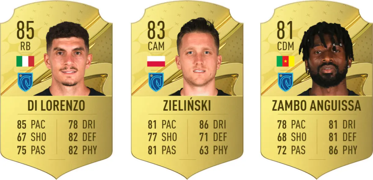 Cartas oro Di Lorenzo, Zielinski y Zambo Anguissa con diseño de FIFA 23 Ultimate Team pero números filtrados de EA Sports FC 24