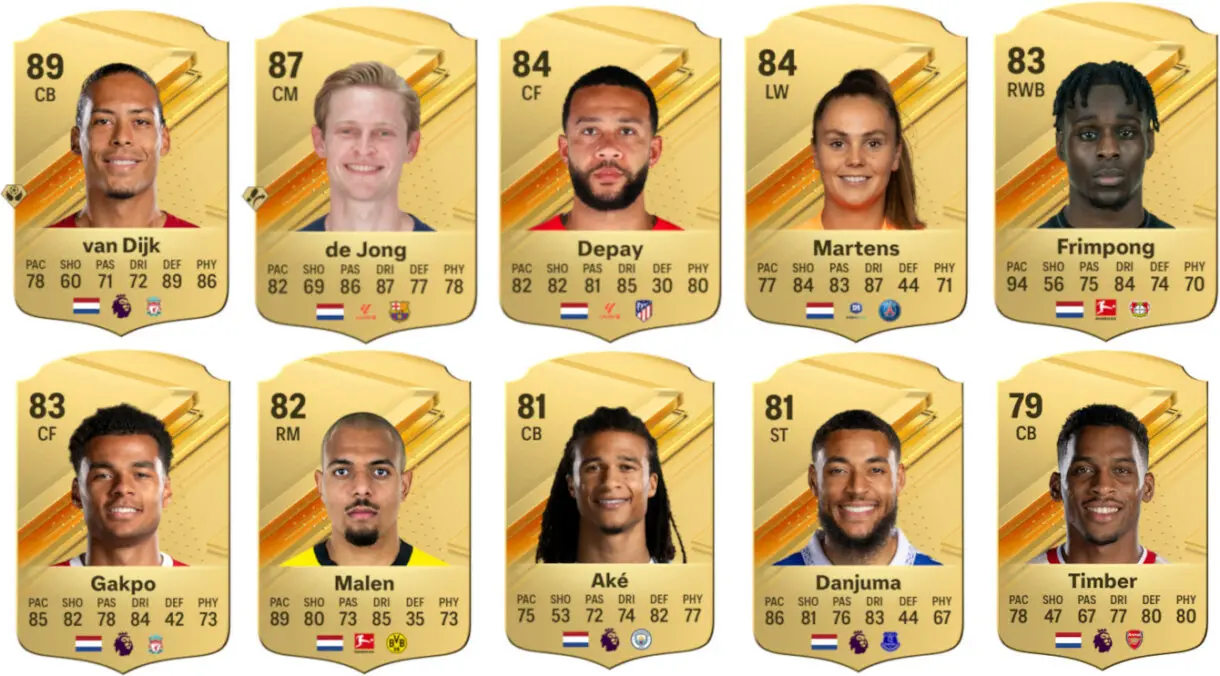 Cartas oro van Dijk, de Jong, Depay, Martens, Frimpong, Gakpo, Malen, Aké, Danjuma y Timber (Países Bajos) EA Sports FC 24 Ultimate Team
