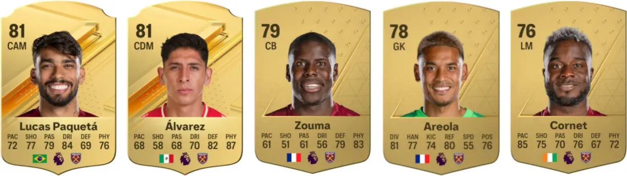 Cartas oro Paquetá, Álvarez, Zouma, Areola y Cornet (West Ham) EA Sports FC 24 Ultimate Team