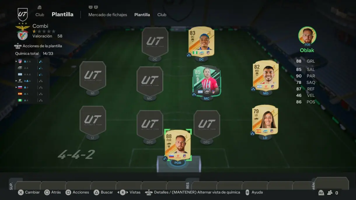 Plantilla EA Sports FC 24 Ultimate Team con cartas oro Oblak, Sheila, Correa y Ajibade junto a Banini Fundaciones de plantilla