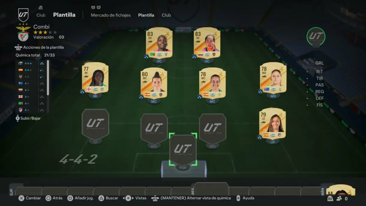 Plantilla EA Sports FC 24 Ultimate Team con las cartas de Sheila, Raso, Rosa Márquez, Leire Paños, Babajide, Ramírez y Kundananji