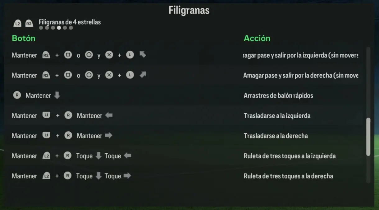Primera parte de lista de filigranas de cuatro estrellas desde el menú de EA Sports FC 24