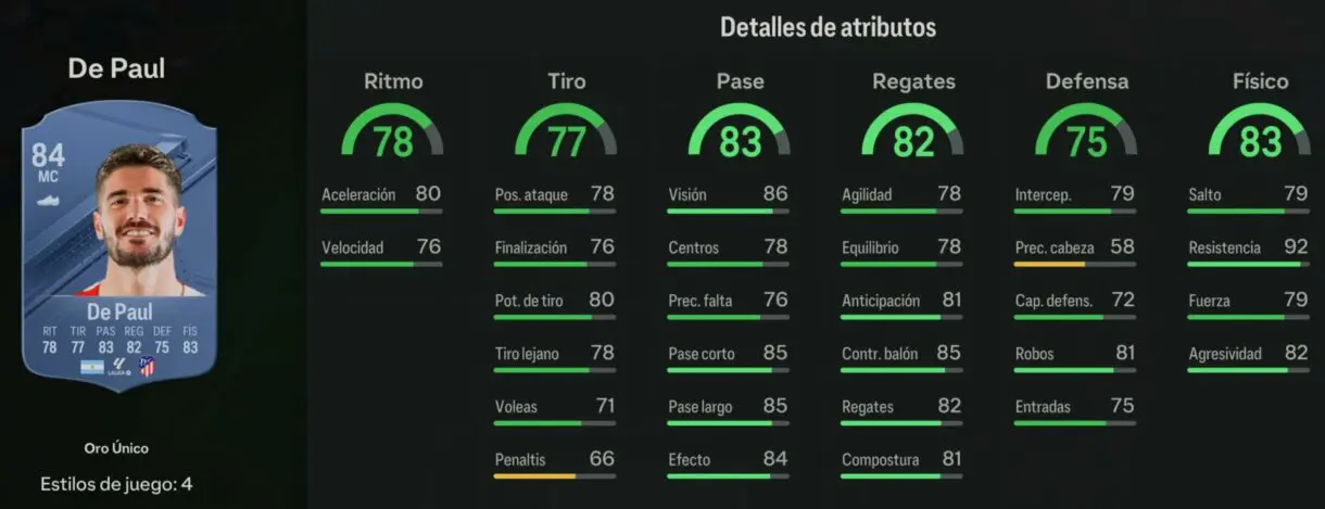 Stats in game De Paul oro EA Sports FC 24 Ultimate Team