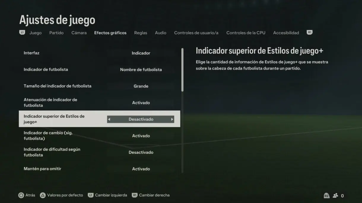 Apartado Efectos gráficos dentro de Ajustes de juego EA Sports FC 24 mostrando el Indicador superior de Estilos de juego+ como desactivado
