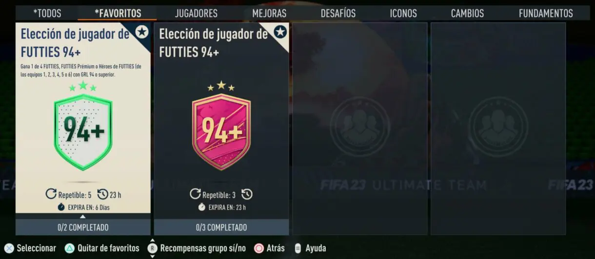Apartado favorito SBC mostrando los dos de Elección de jugador de FUTTIES 94+ FIFA 23 Ultimate Team