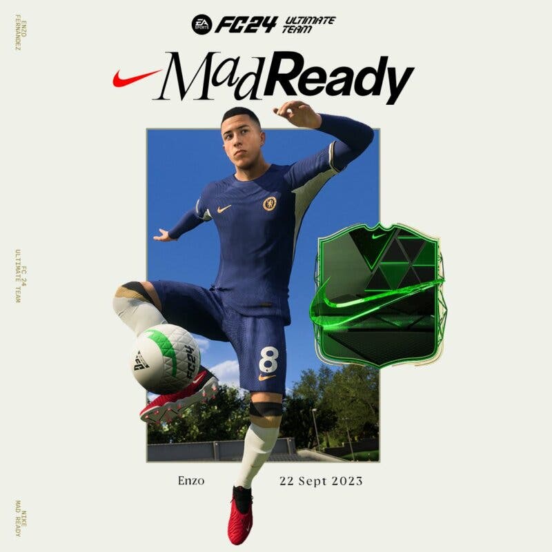 Diseño con el avatar de Enzo Fernández y la carta MAD Ready de EA Sports FC 24 a su lado