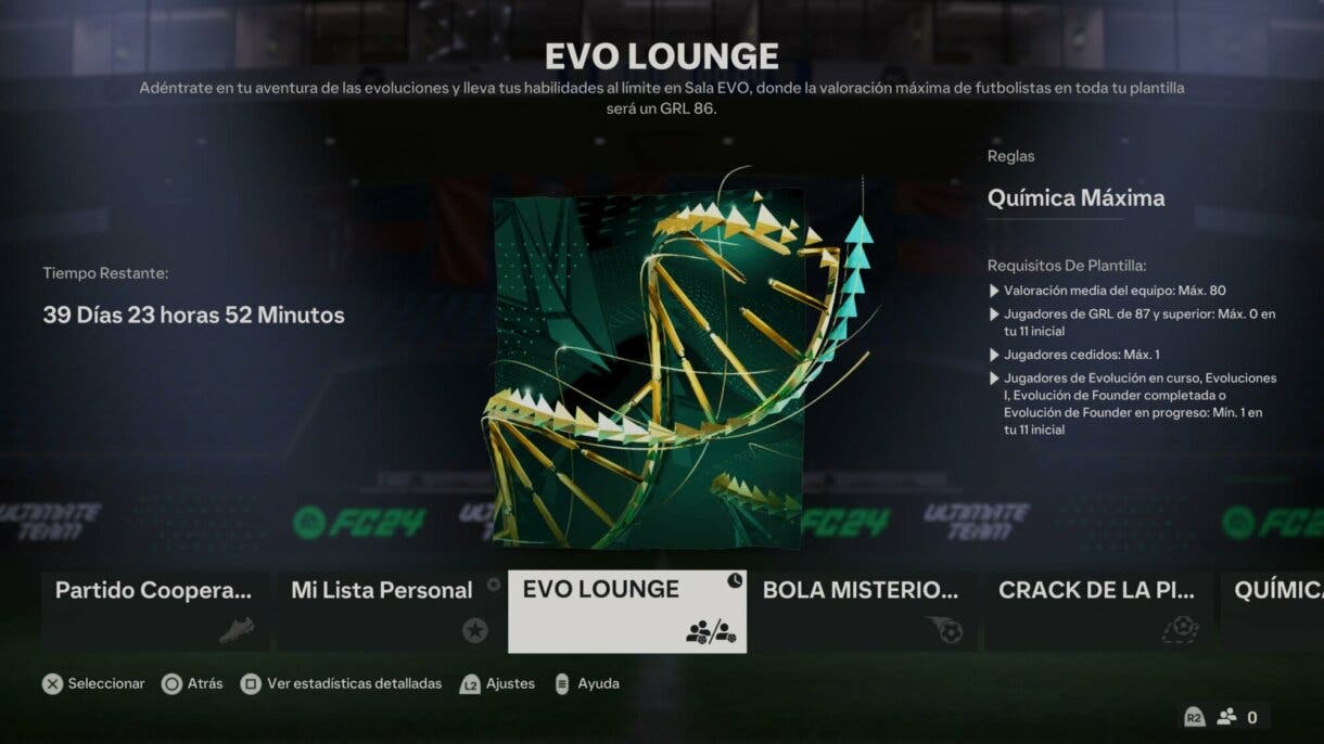 Información torneo EVO Lounge dentro del menú de amistosos online EA Sports FC 24 Ultimate Team