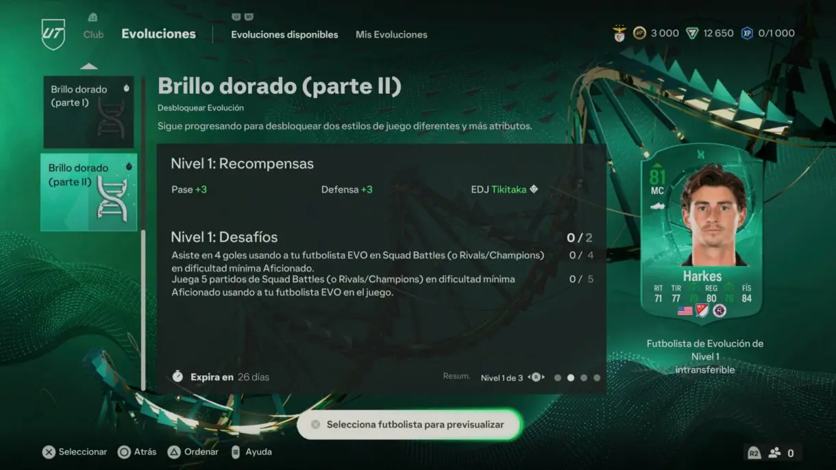 Menú Evoluciones EA Sports FC 24 Ultimate Team mostrando Brillo dorado (parte II)