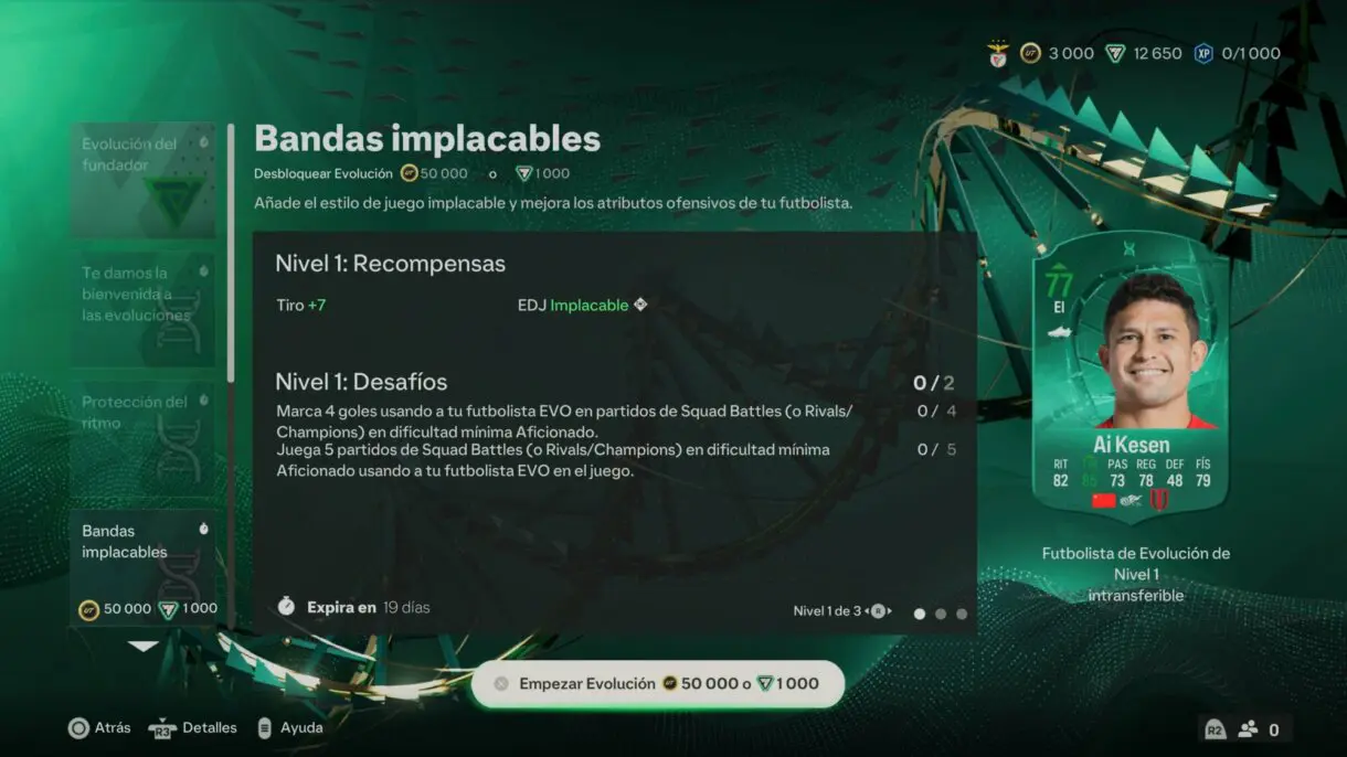 Menú Evoluciones EA Sports FC 24 Ultimate Team mostrando Bandas implacables