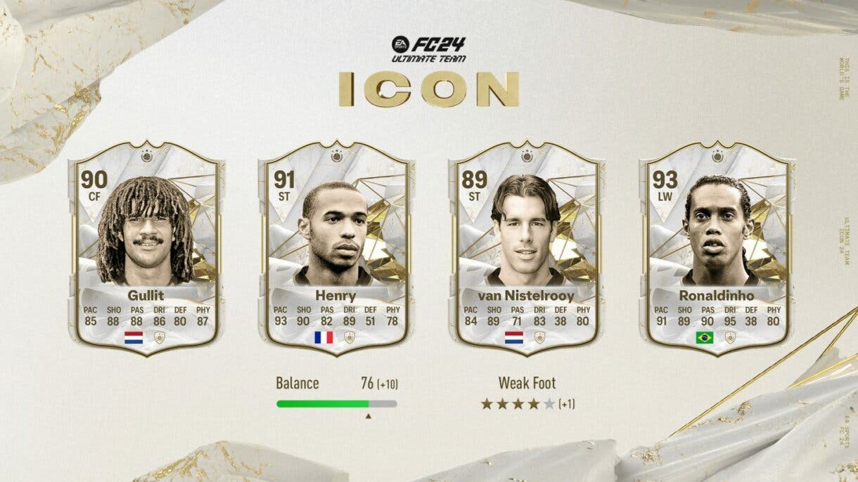 Cartas Icono Base Gullit, Henry, van Nistelrooy y Ronaldinho EA Sports FC 24 Ultimate Team