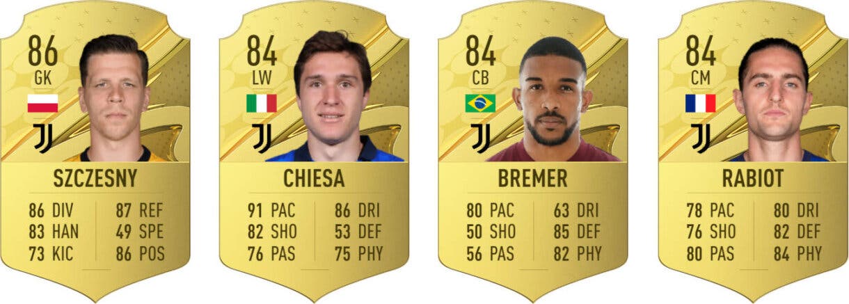 Cartas oro Szczesny, Chiesa, Bremer y Rabiot con diseño de FIFA 23 Ultimate Team pero números filtrados de EA Sports FC 24