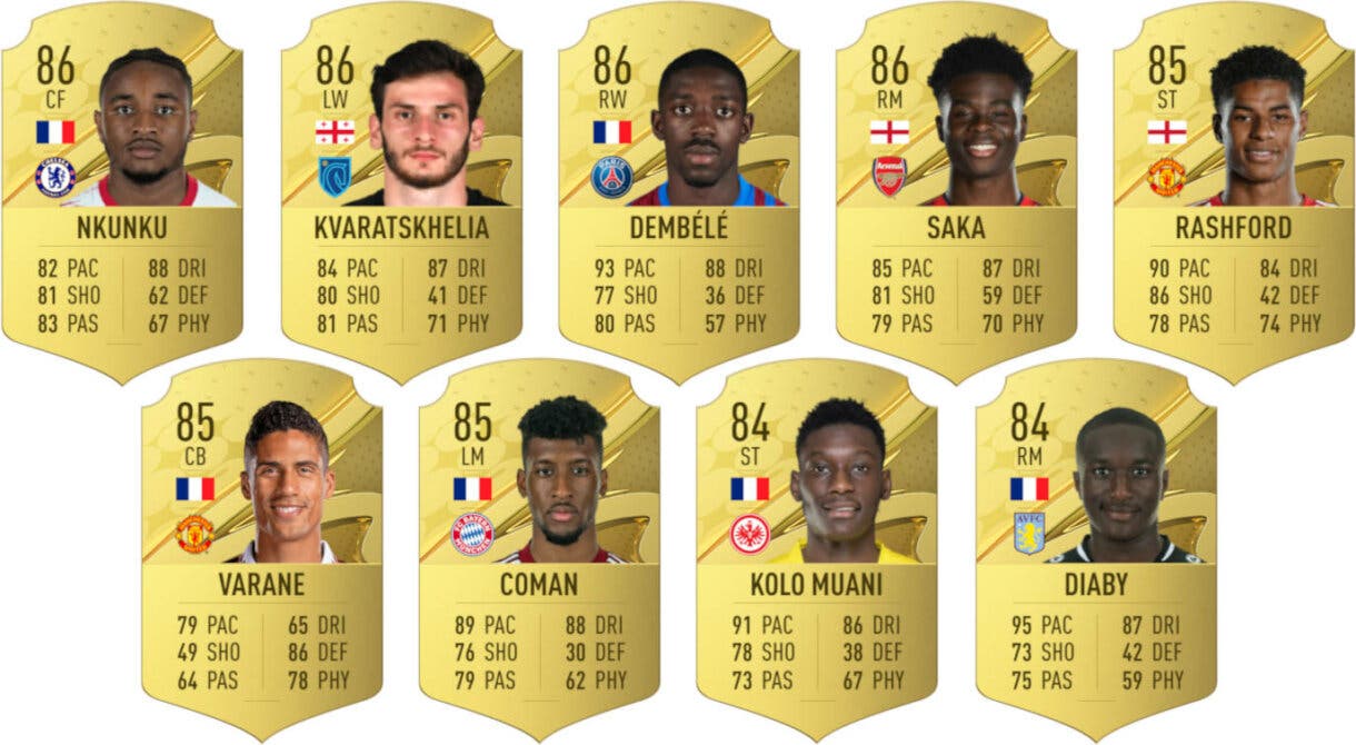 Cartas oro Nkunku, Kvaatskhelia, Dembélé, Saka, Rashford, Varane, Coman, Kolo Muani y Diaby con diseño de FIFA 23 Ultimate Team pero números filtrados de EA Sports FC 24