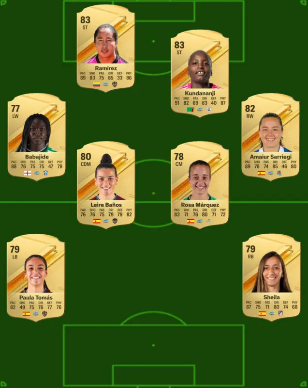 Once con las cartas oro de EA Sports FC 24 Ultimate Team de Sheila, Paula Tomás, Rosa Márquez, Leire Baños, Sarriegi, Babajide, Kundananji y Ramírez