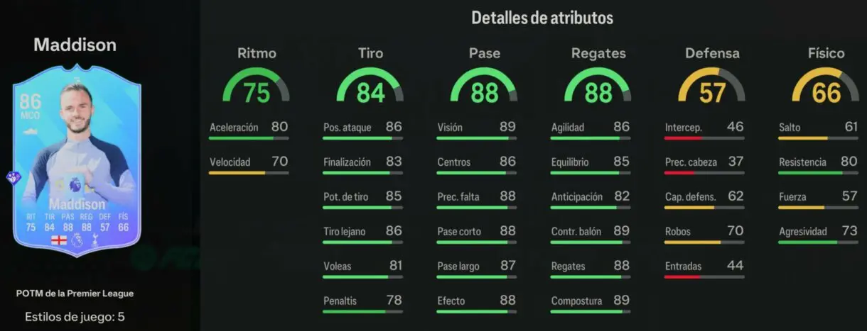 Stats in game Maddison POTM de la Premier League EA Sports FC 24 Ultimate Team