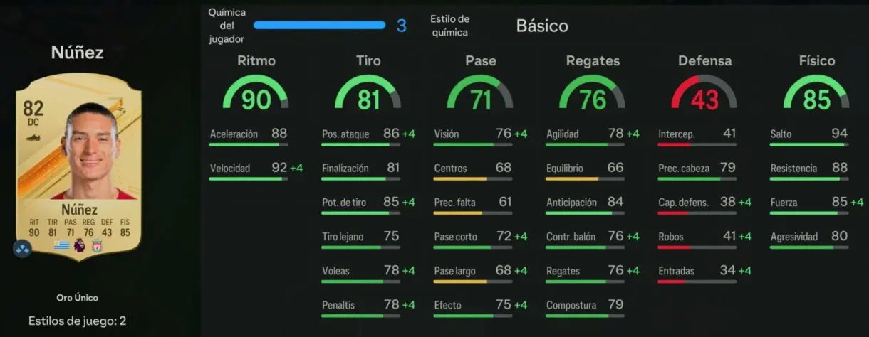 Stats in game Darwin Núñez oro EA Sports FC 24 Ultimate Team