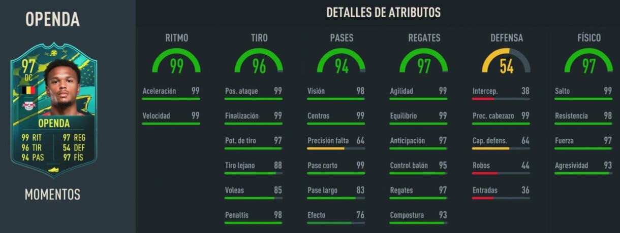 Stats in game Openda Moments FIFA 23 Ultimate Team