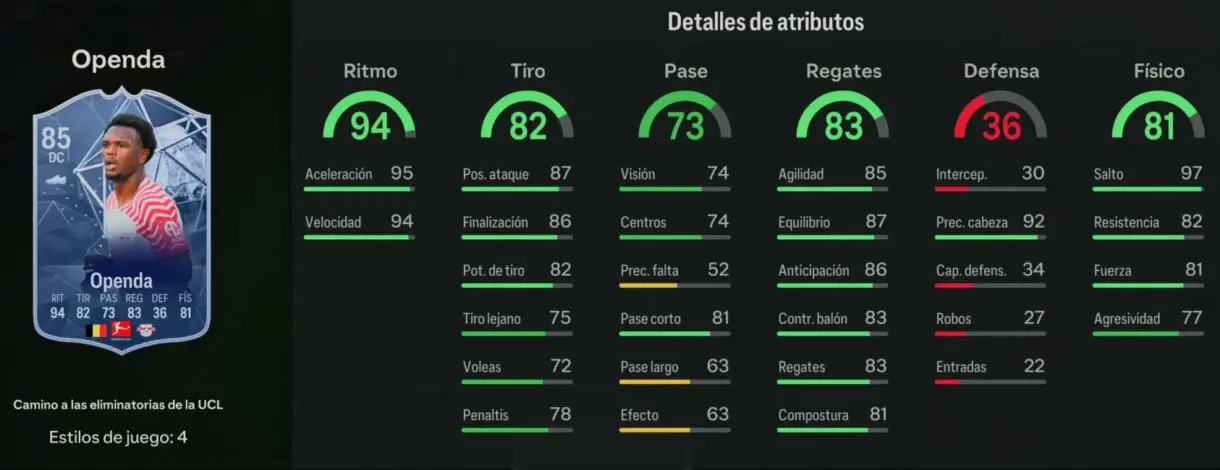 Stats in game Openda RTTK EA Sports FC 24 Ultimate Team