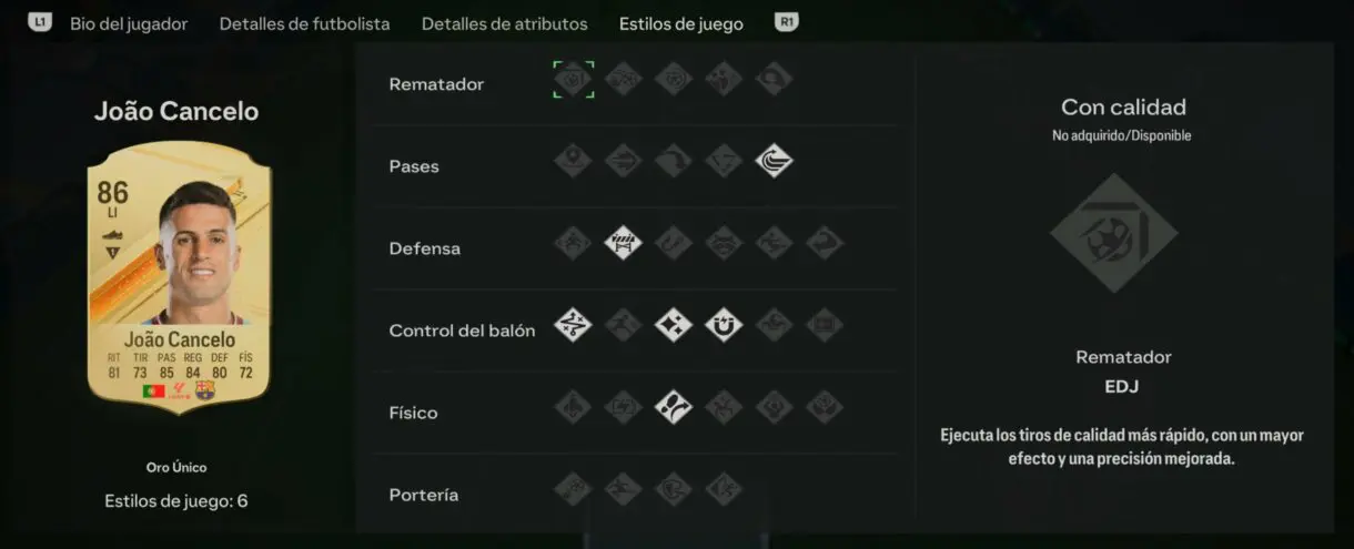 Stats in game Cancelo oro EA Sports FC 24 Ultimate Team