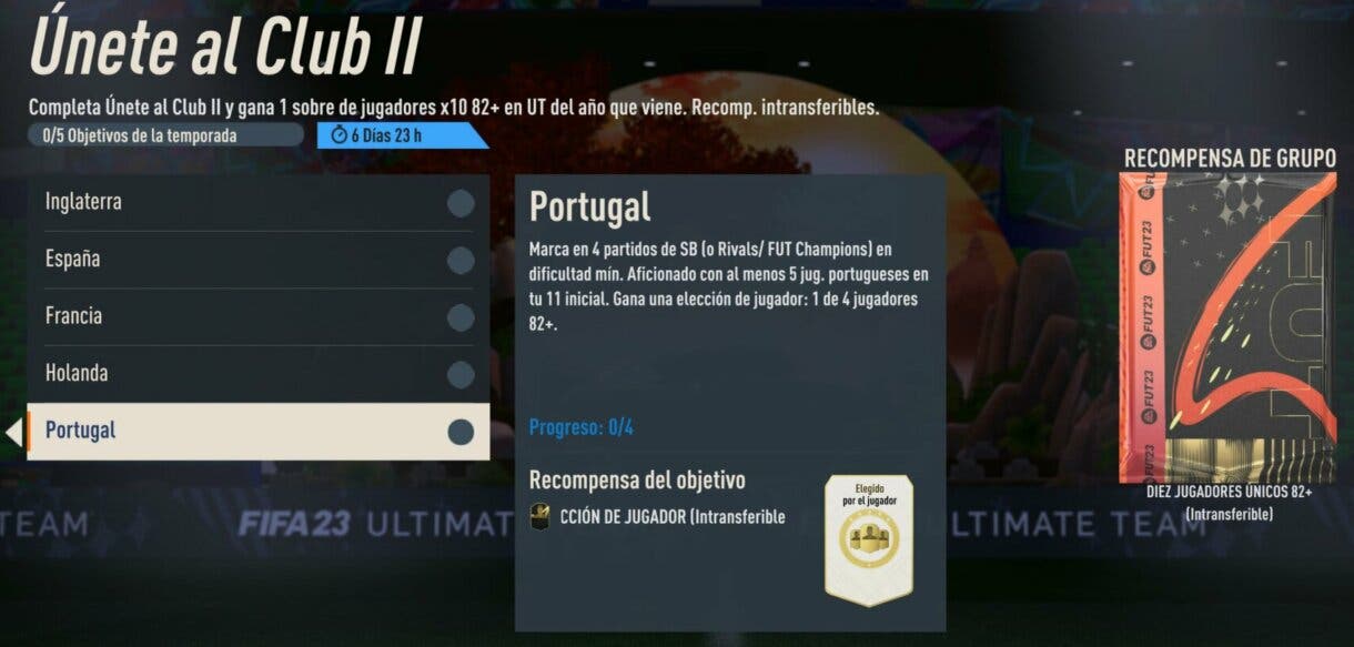 Objetivos Únete al Club II mostrando la descripción del objetivo de Portugal FIFA 23 Ultimate Team