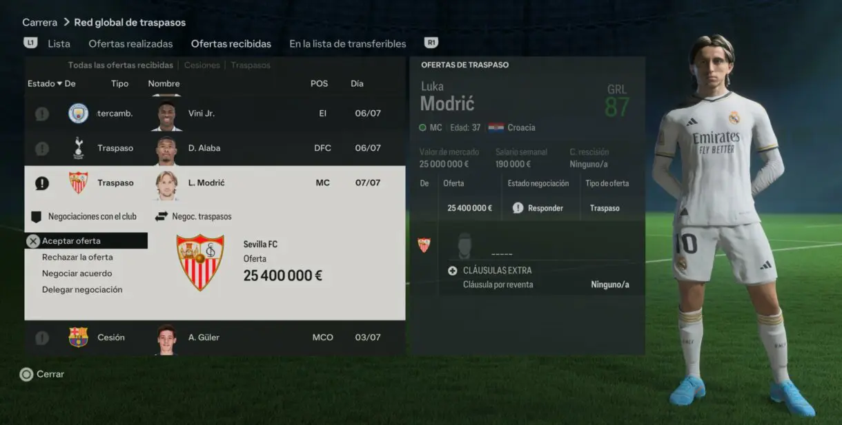 Información oferta de Sevilla por Modric EA Sports FC 24 Carrera de mánager