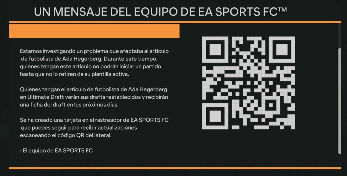 Parte del mensaje del equipo de EA Sports FC informando sobre el error de Ada Hegerberg EA Sports FC 24 Ultimate Team