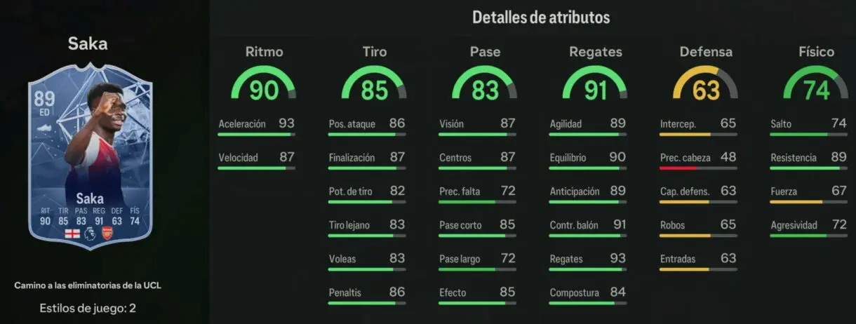 Stats in game Saka RTTK EA Sports FC 24 Ultimate Team