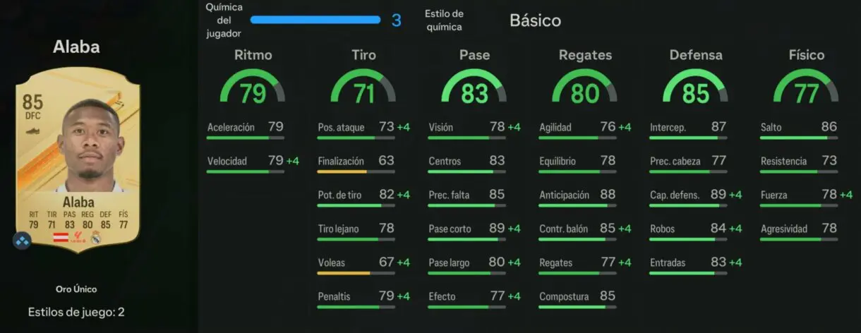 Stats in game Alaba oro EA Sports FC 24 Ultimate Team
