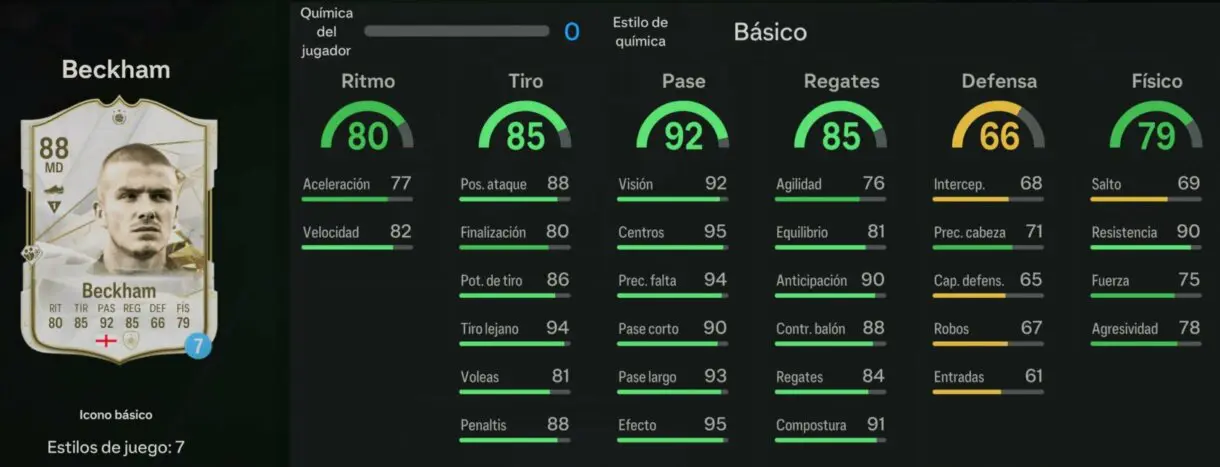Stats in game Beckham Icono básico EA Sports FC 24 Ultimate Team