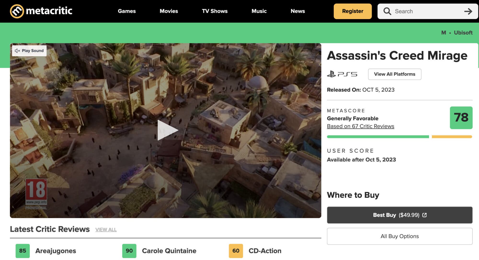 Metacritic revela a nota de Assassin's Creed Mirage