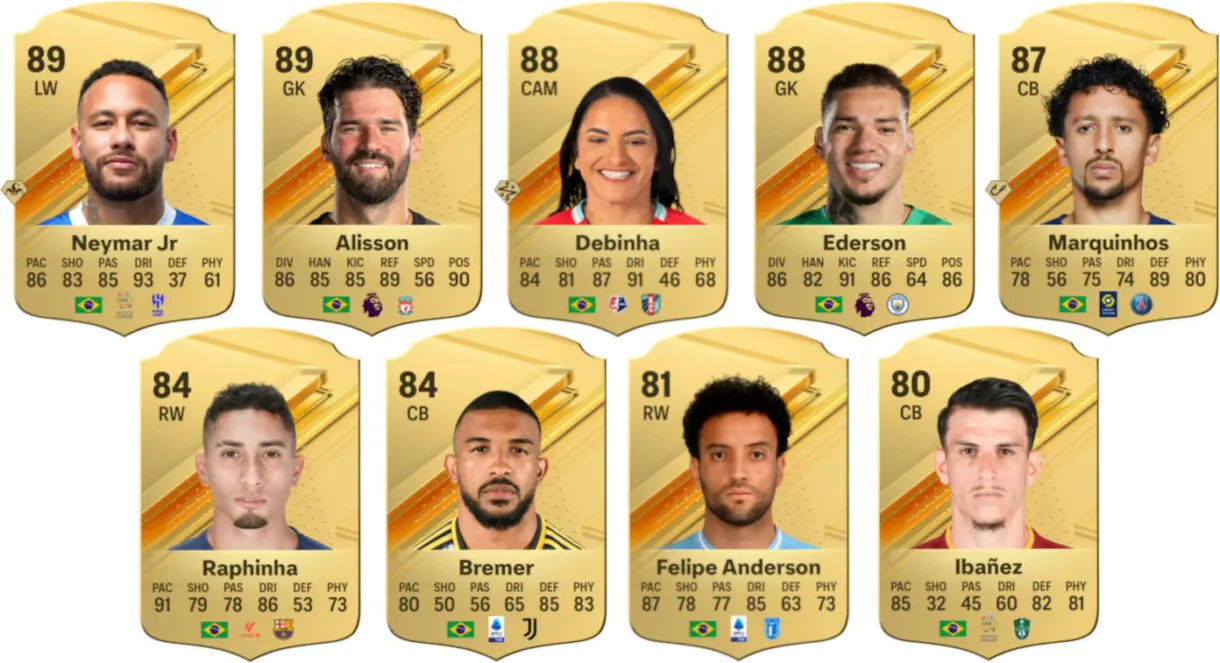 Cartas oro Neymar, Alisson, Debinha, Ederson, Marquinhos, Raphinha, Bremer, Felipe Anderson e Ibañez (Brasil) EA Sports FC 24 Ultimate Team