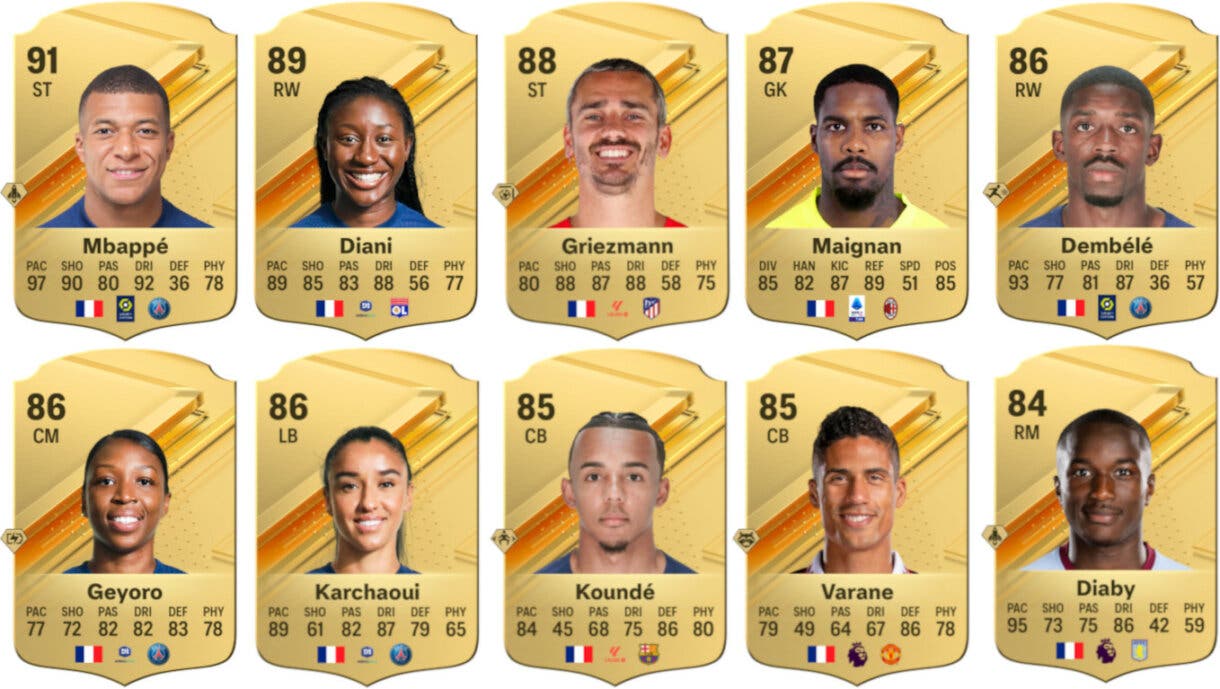 Cartas oro Mbappé, Diani, Griezmann, Maignan, Dembélé, Geyoro, Karchaoui, Koundé, Varane y Diaby (Francia) EA Sports FC 24 Ultimate Team