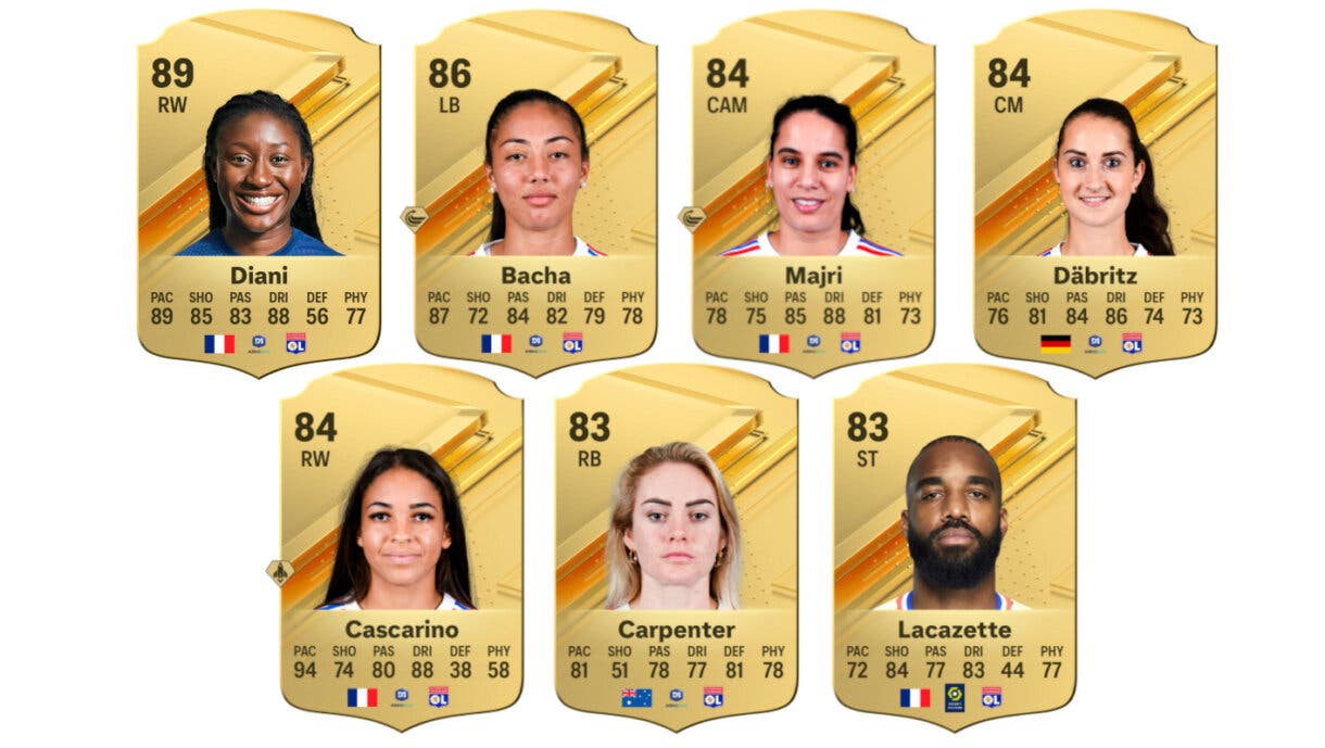 Cartas oro Diani, Bacha, Majri, Däbritz, Cascarino, Carpenter y Lacazette (Olympique de Lyon) EA Sports FC 24 Ultimate Team