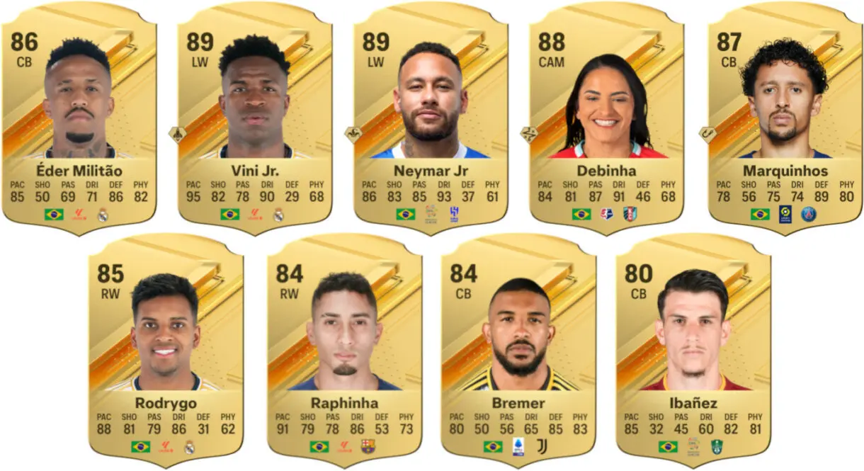 Cartas oro Militao, Vini Jr., Neymar, Debinha, Marquinhos, Rodrygo, Raphinha, Bremer e Ibañez (Brasil) EA Sports FC 24 Ultimate Team