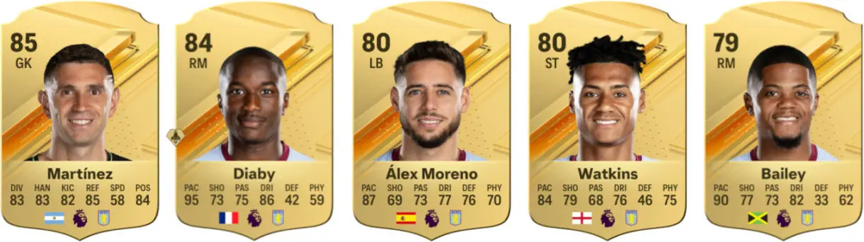 Cartas oro Martínez, Diaby, Álex Moreno, Watkins y Diaby (West Ham) EA Sports FC 24 Ultimate Team