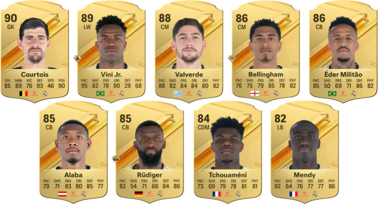 Cartas oro Courtois, Vinícius, Valverde, Bellingham, Militao, Alaba, Rüdiger, Tchouaméni y Mendy (Madrid) EA Sports FC 24 Ultimate Team