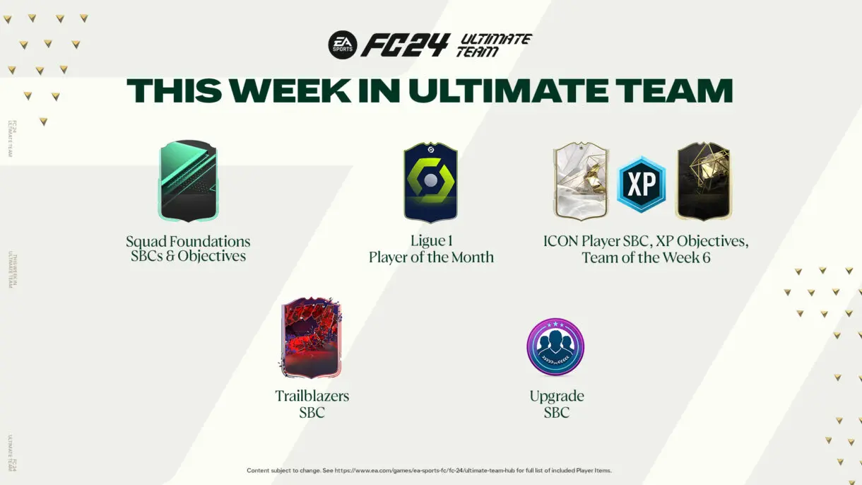 Diseño sobre algunos de los contenidos que estarán disponibles esta semana en EA Sports FC 24 Ultimate Team