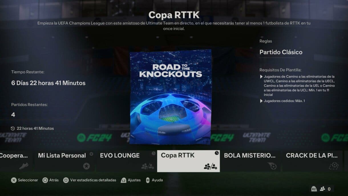 Información Copa RTTK en el menú de amistosos online EA Sports FC 24 Ultimate Team