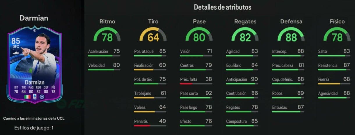 Stats in game Darmian RTTK EA Sports FC 24 Ultimate Team