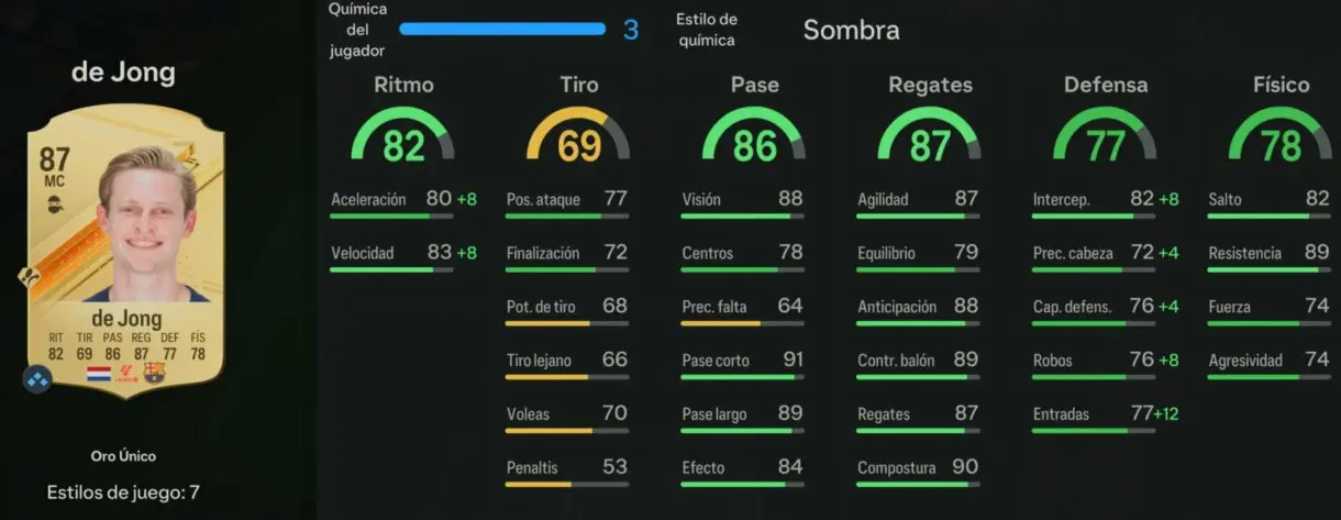 Stats in game de Jong oro EA Sports FC 24 Ultimate Team
