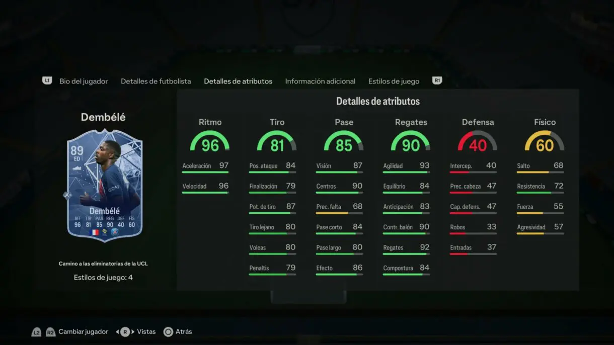 Stats in game Dembélé RTTK EA Sports FC 24 Ultimate Team