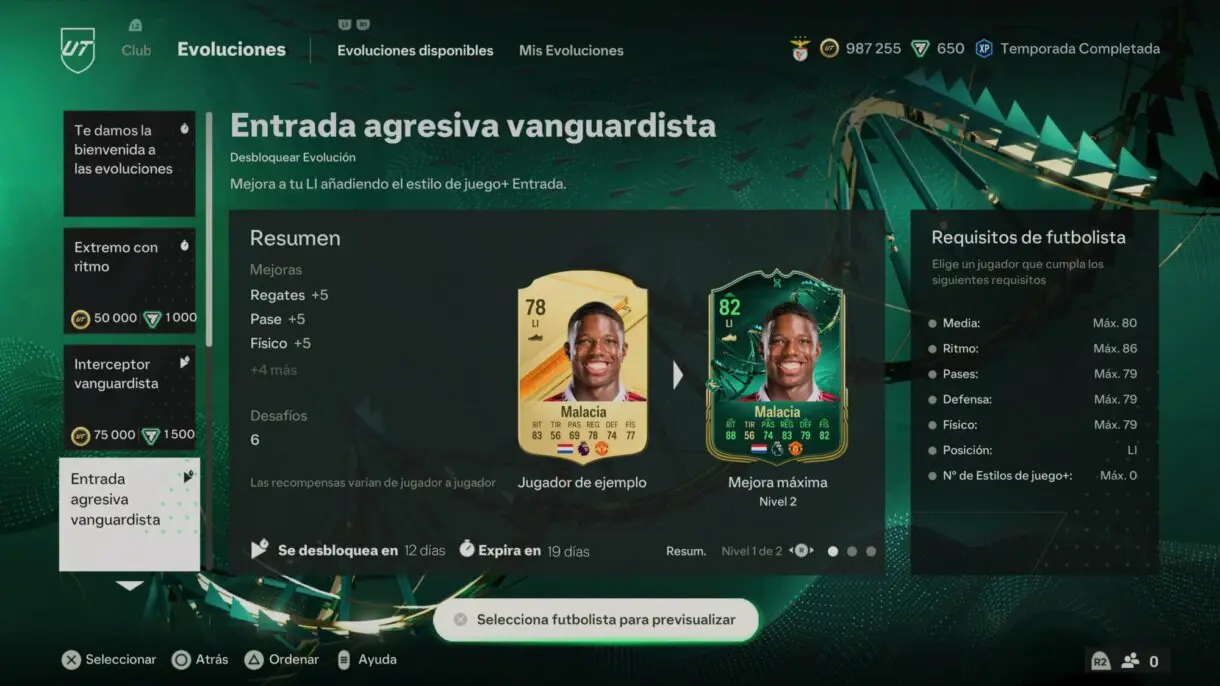 Información de la Evolución Entrada agresiva vanguardista menú EA Sports FC 24 Ultimate Team
