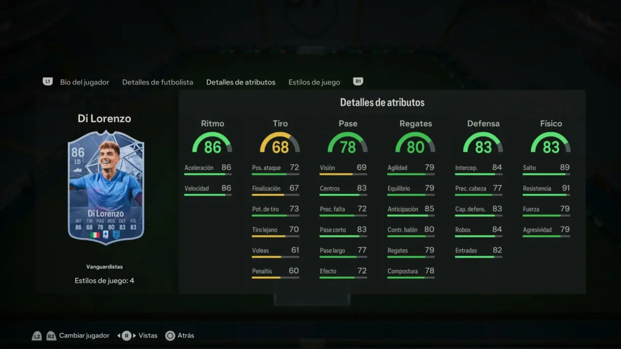 Stats in game Di Lorenzo Trailblazers EA Sports FC 24 Ultimate Team