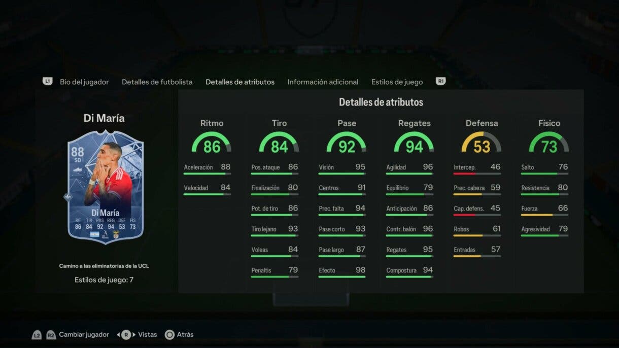 Stats in game Di María RTTK EA Sports FC 24 Ultimate Team