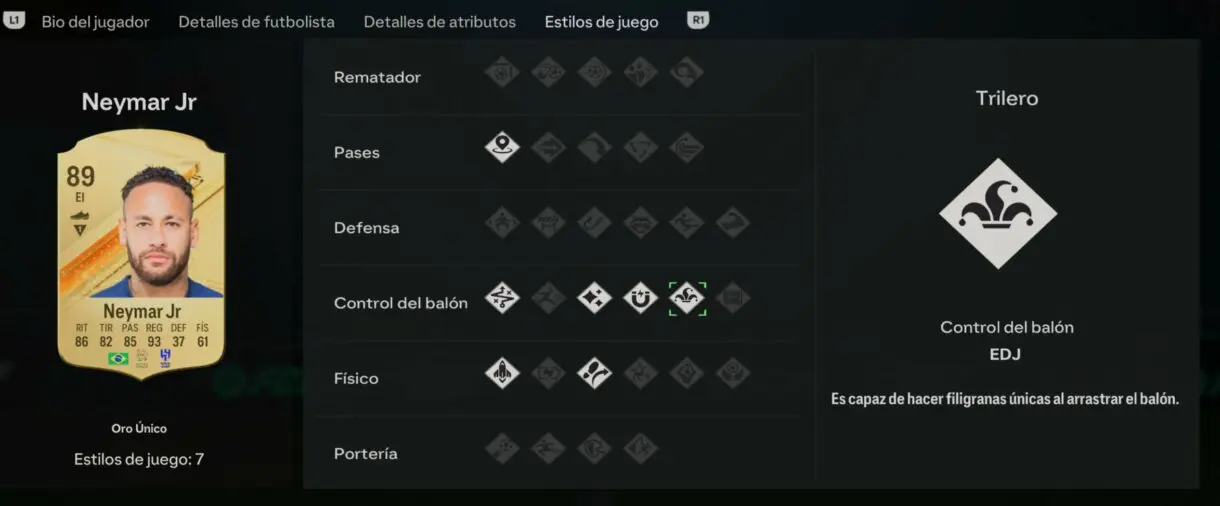 Estilos de juego Neymar oro EA Sports FC 24 Ultimate Team (con Trilero como PlayStyle "normal")